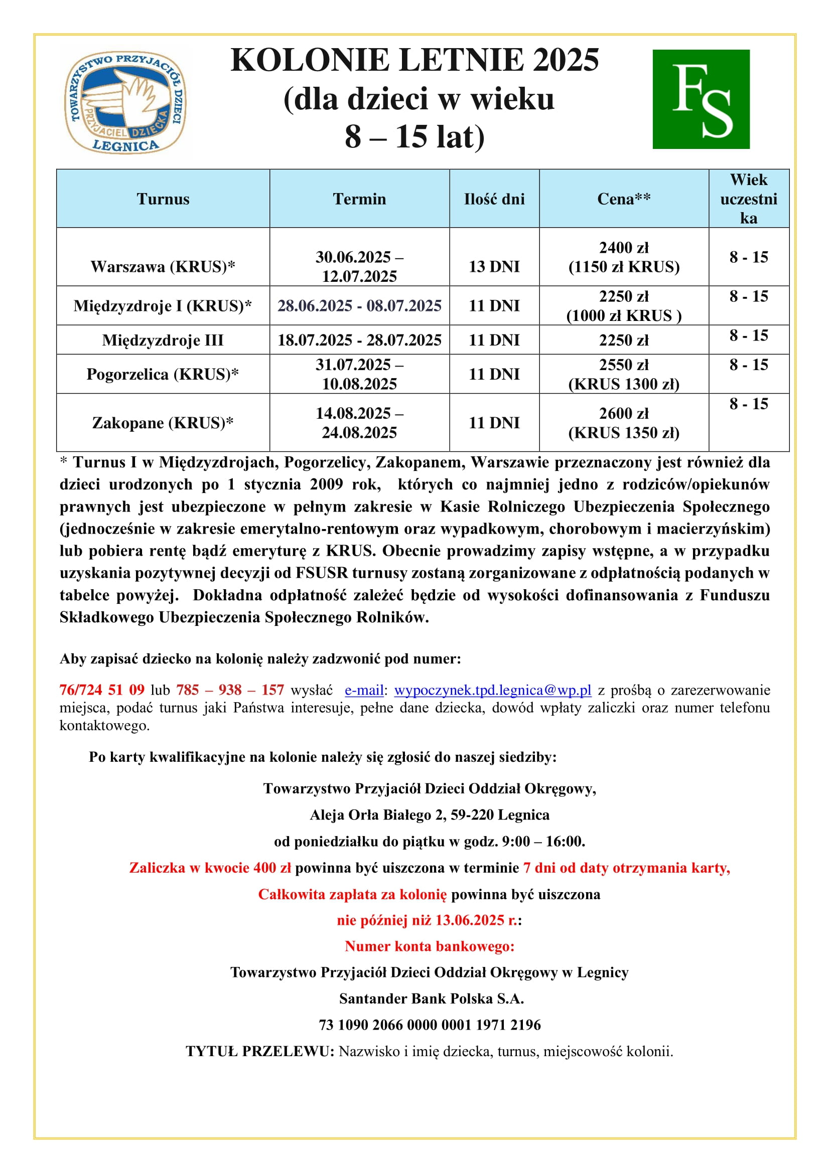 plakat promujący kolonie TPD