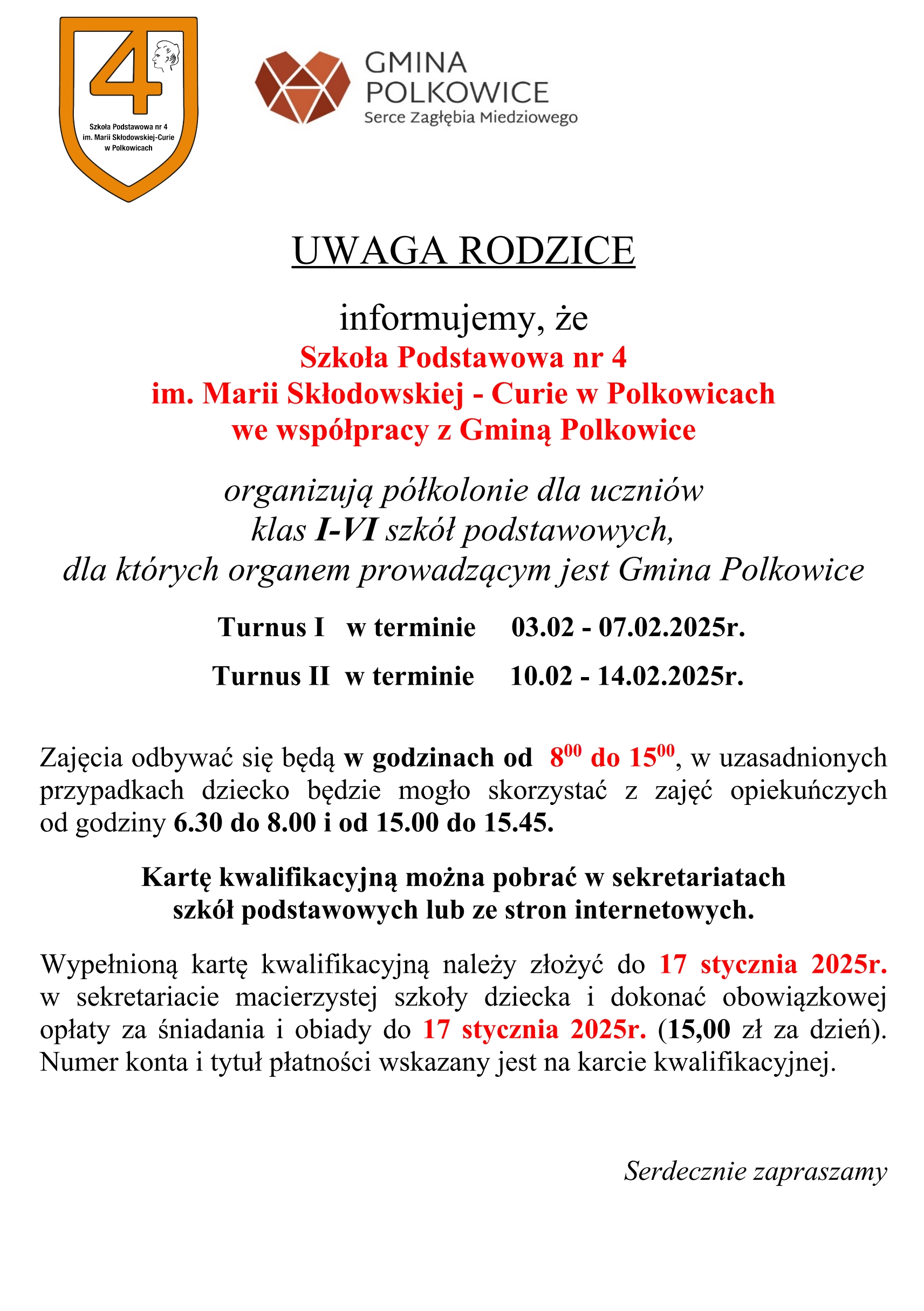 Ogłoszenie o półkoloniach zimowych
