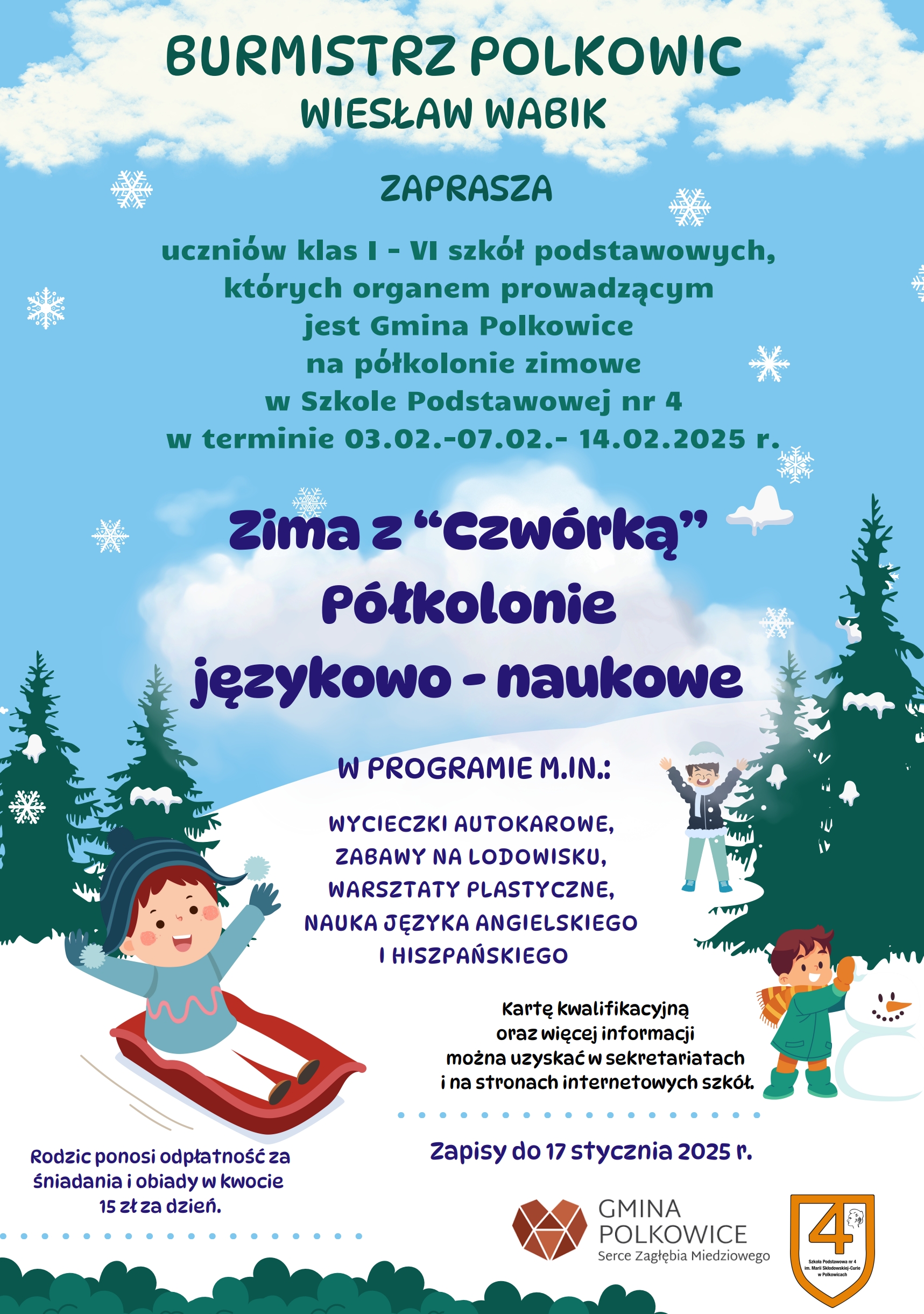 plakat o półkoloniach zimowych