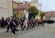 zdjęcie uczniów reprezentujących szkołę wraz z pocztem sztandarowym